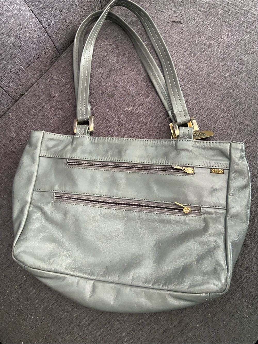 SAS Leather Shoulder Bag in Grey with Gold Hardware